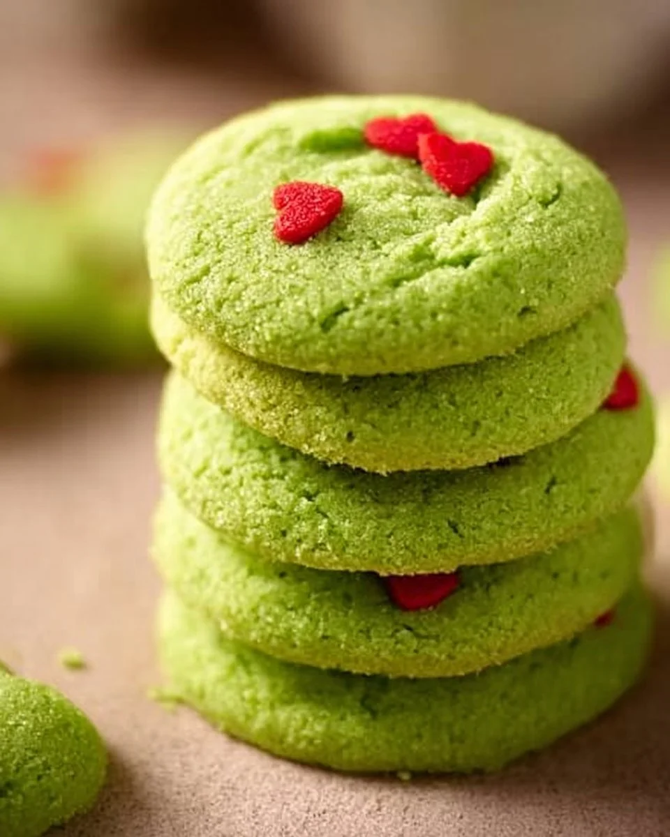 A plate of festive Grinch drop sugar cookies in holiday colors.