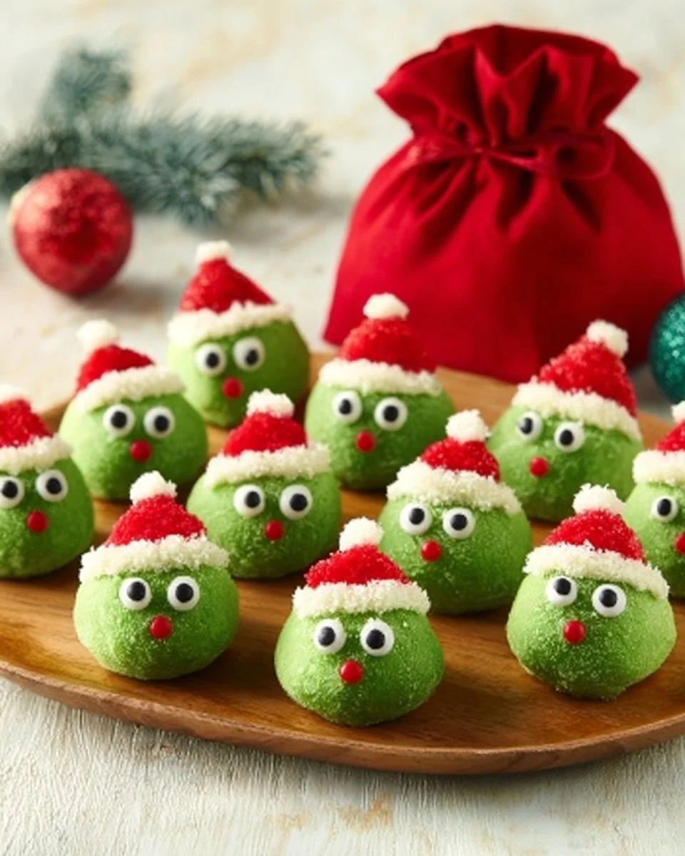 Delicious Grinch OREO Balls decorated for Christmas festivities