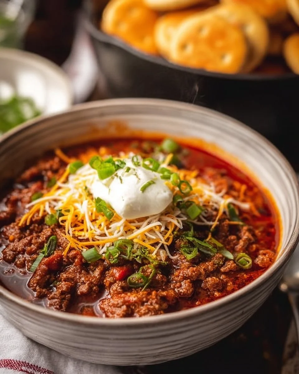A bowl of ground beef chili without beans, garnished with fresh herbs.