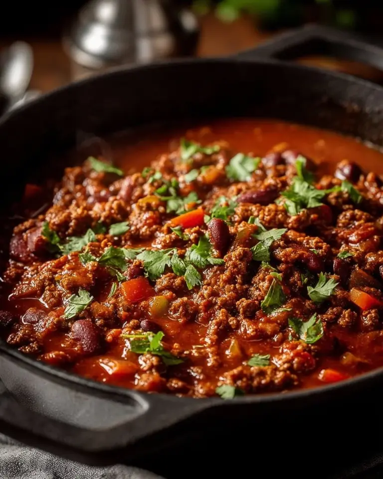Delicious ground beef stovetop chili served in a bowl with toppings.