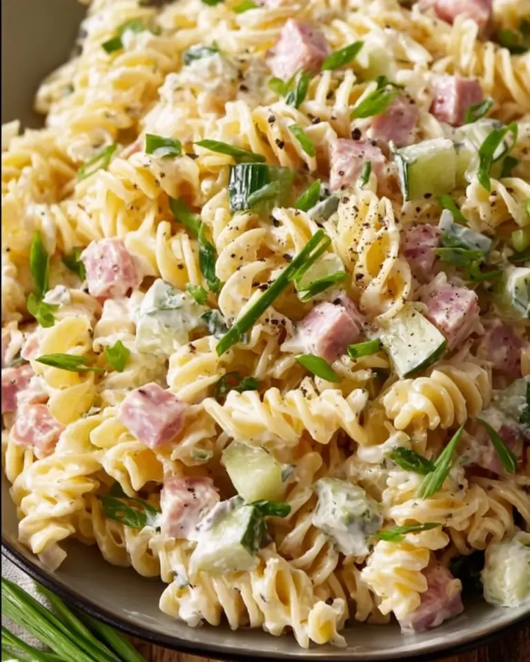 Colorful ham and pickle pasta salad served in a bowl