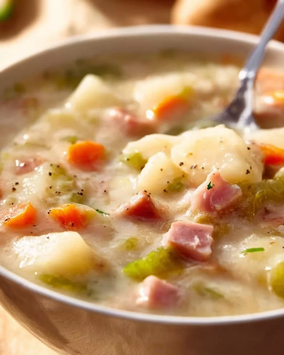 Delicious bowl of Ham and Potato Soup garnished with herbs.