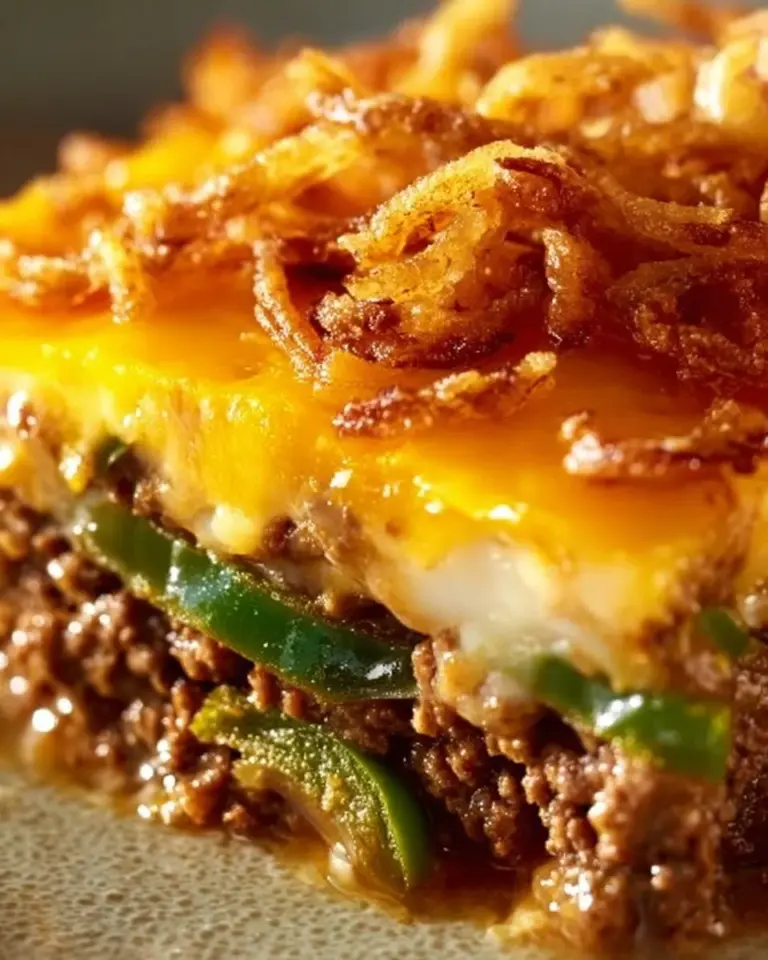 Delicious Hamburger Green Bean Casserole topped with crispy onions and cheese.