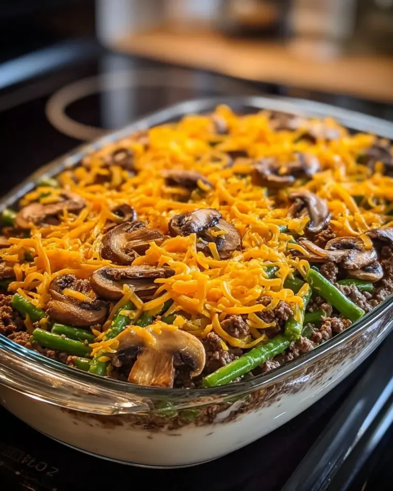 Delicious Hamburger Green Bean Casserole with Mushrooms baked in a dish