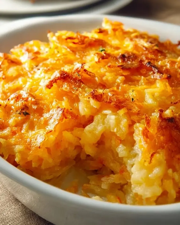 Cheesy Hashbrown Casserole baked to perfection with crispy edges