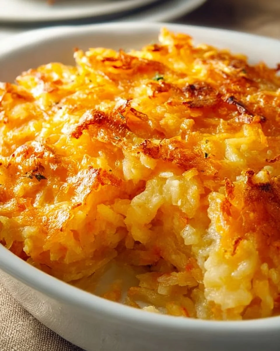 Cheesy Hashbrown Casserole baked to perfection with crispy edges