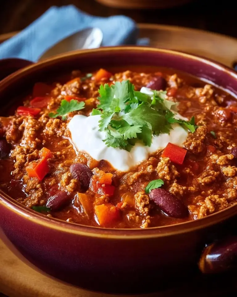 A bowl of hearty chili topped with fresh herbs and served with bread