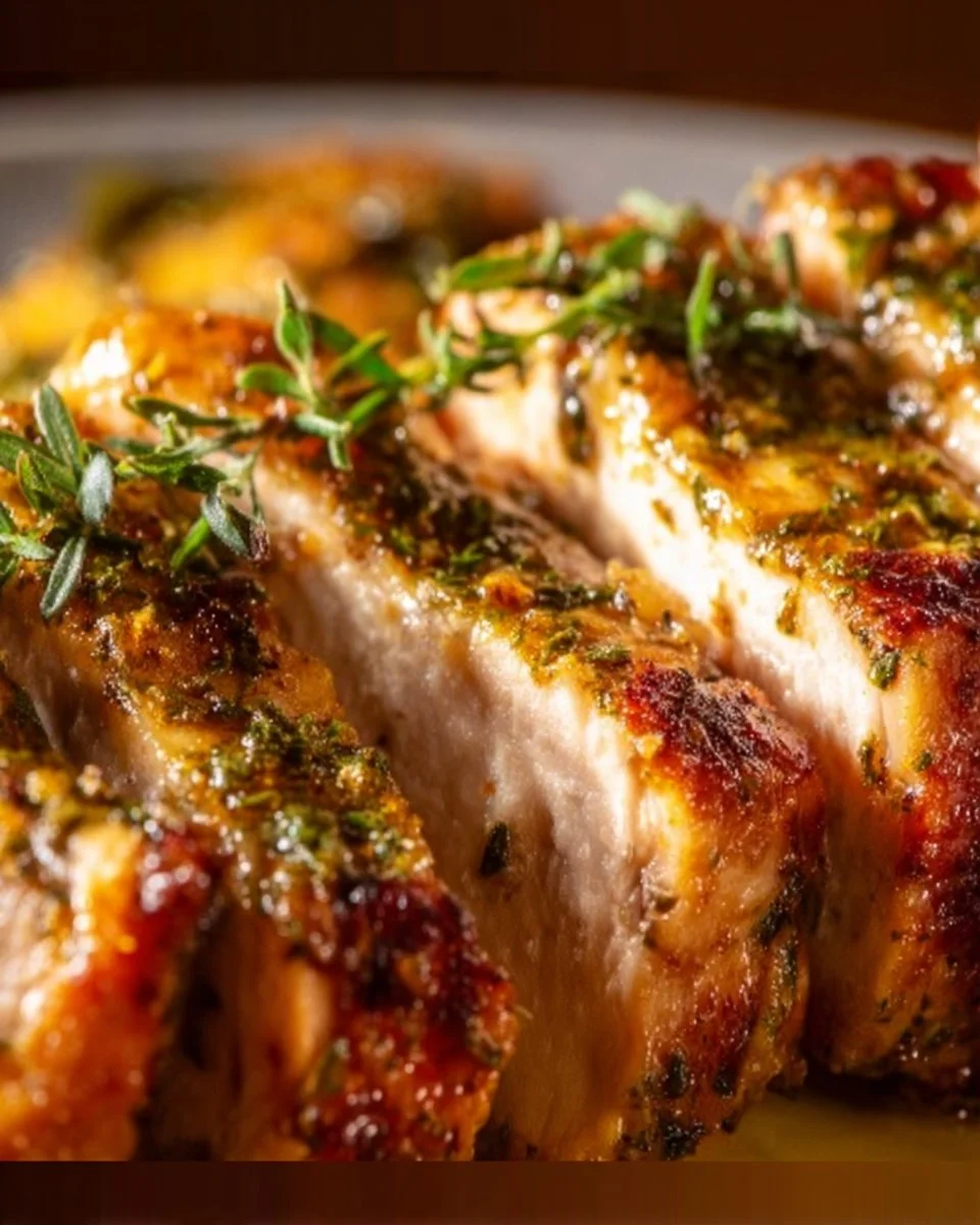 Herb Butter Roasted Turkey Breast garnished with herbs and spices