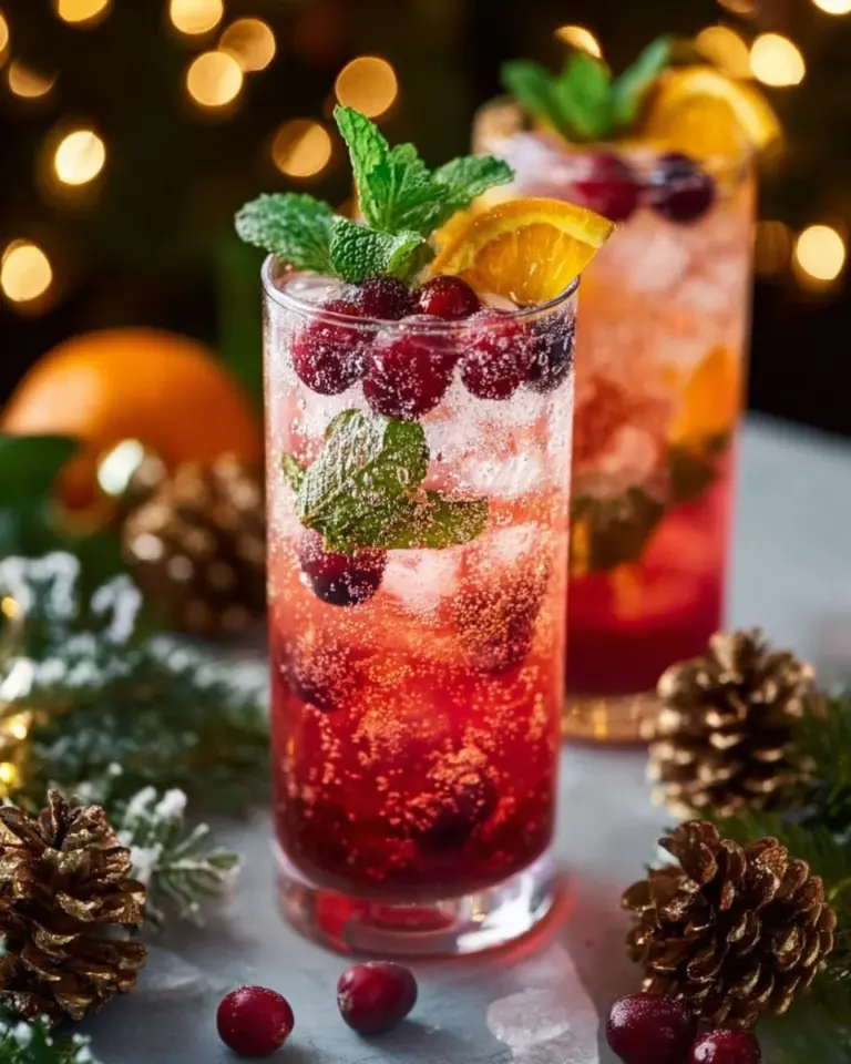 Festive Holiday Cranberry Fizz mocktail served in a glass with garnishes