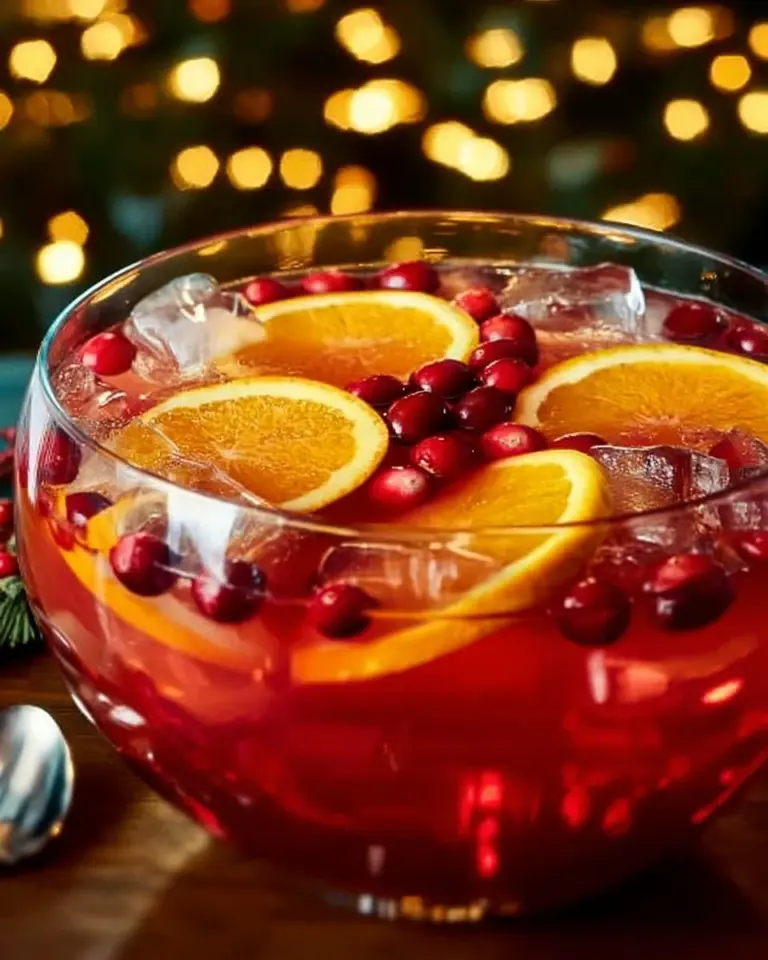Festive holiday spiked punch cocktail in a glass with garnishes