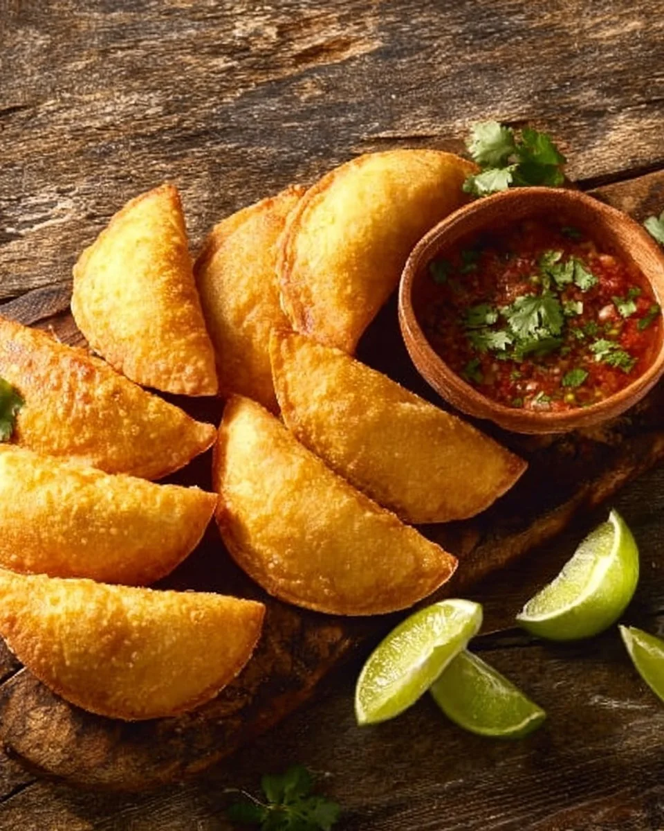 A plate of homemade beef empanadas with golden crust and savory filling.