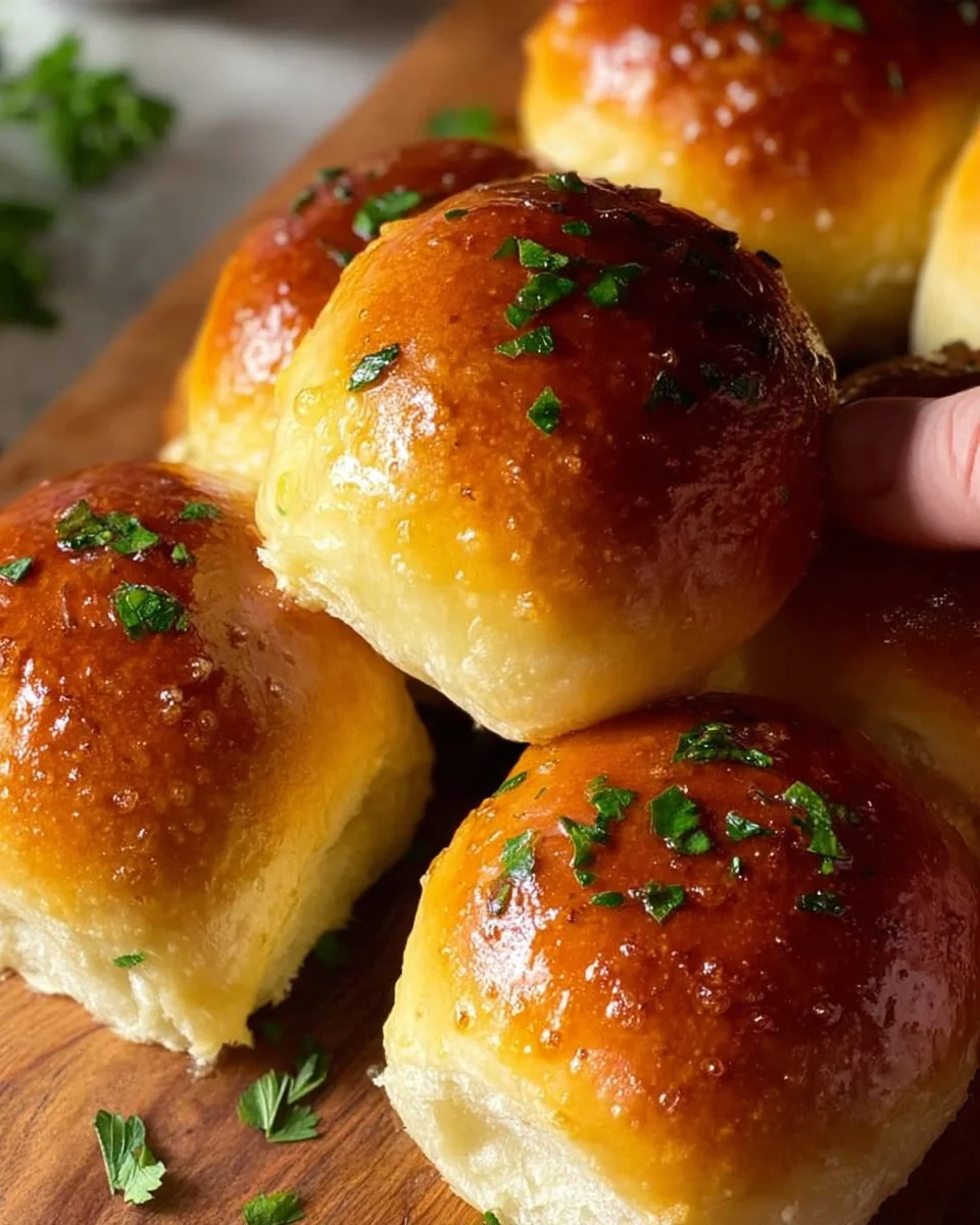 Freshly baked homemade garlic butter dinner rolls on a wooden table.