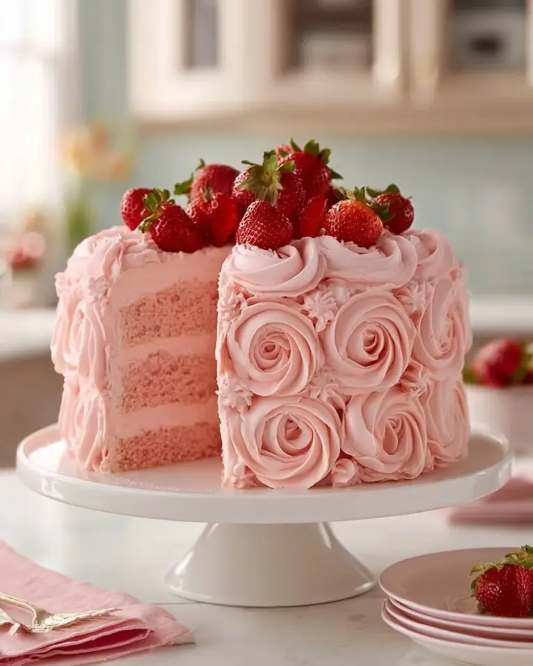 Delicious homemade strawberry cake topped with fresh strawberries and whipped cream.