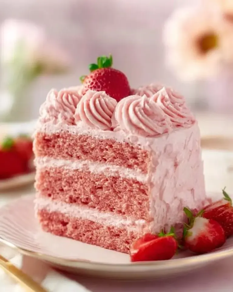 Homemade strawberry cake with fresh strawberry frosting on a plate