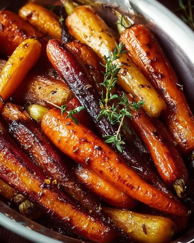 Honey balsamic roasted carrots garnished and ready to serve
