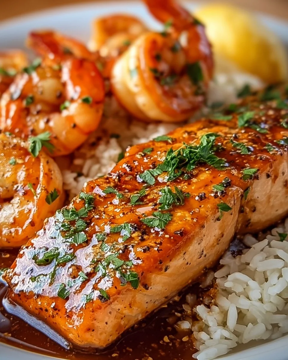Plate of Honey Garlic Salmon and Shrimp served with garlic butter rice