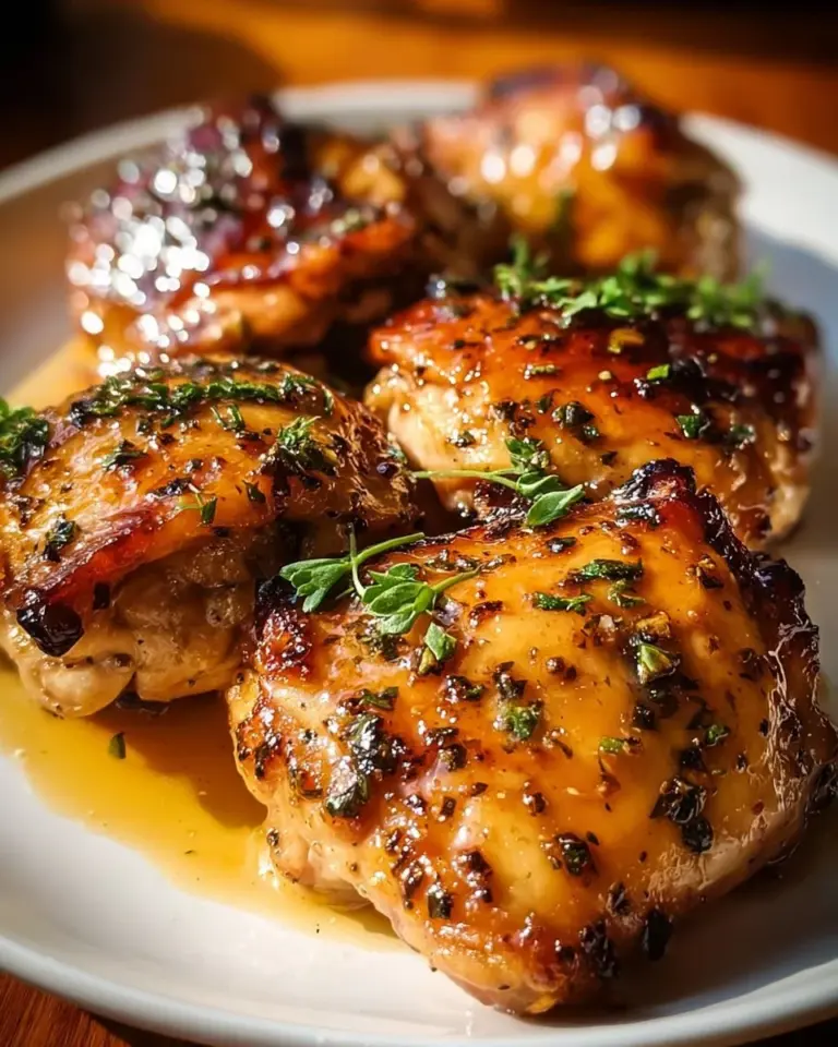 Honey mustard chicken dish garnished with herbs on a plate