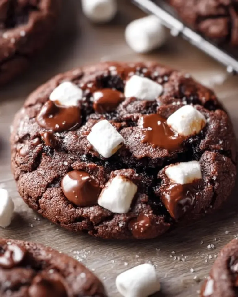 Delicious hot chocolate cookies topped with melted chocolate and marshmallows