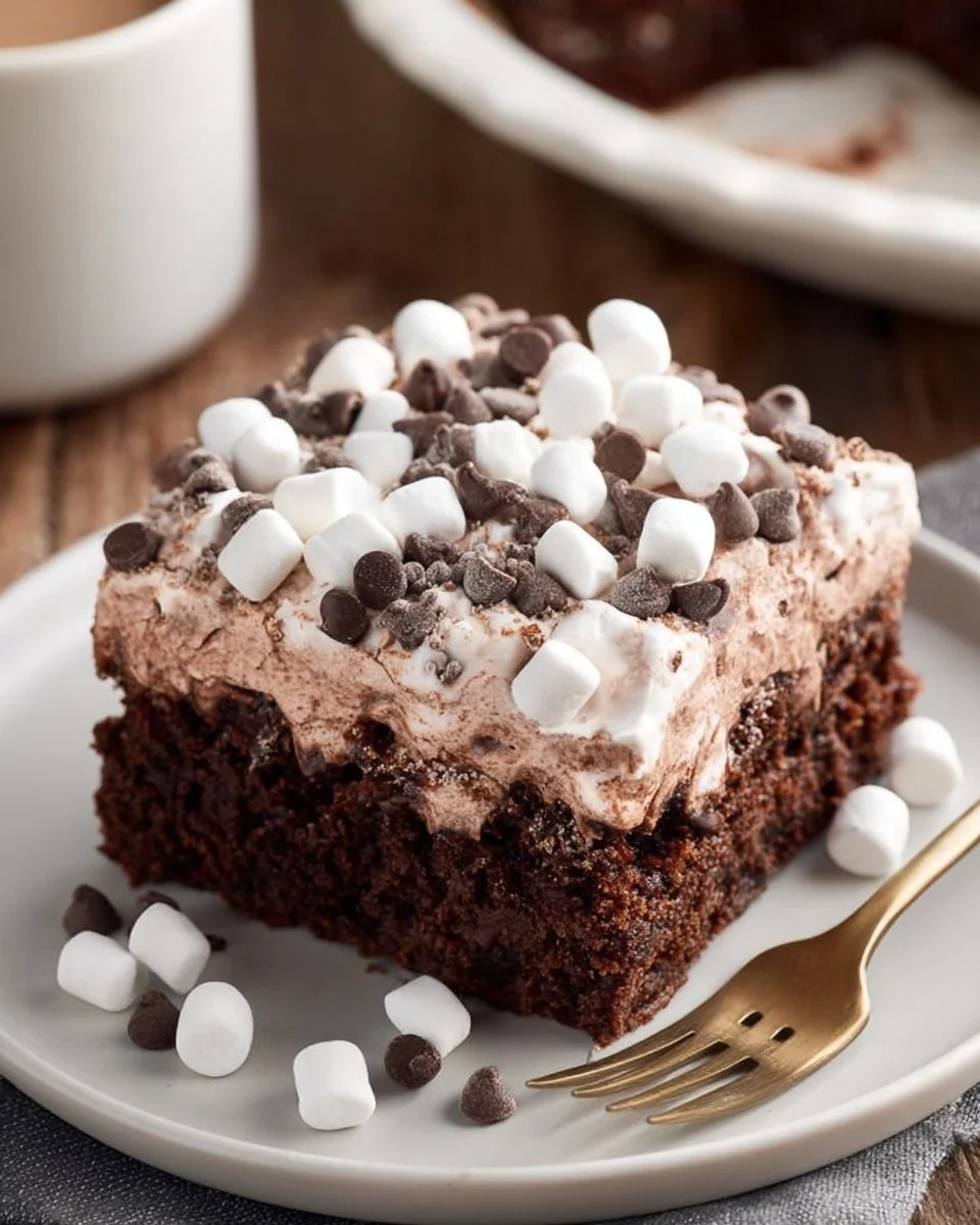 Delicious hot chocolate poke cake topped with whipped cream and chocolate shavings