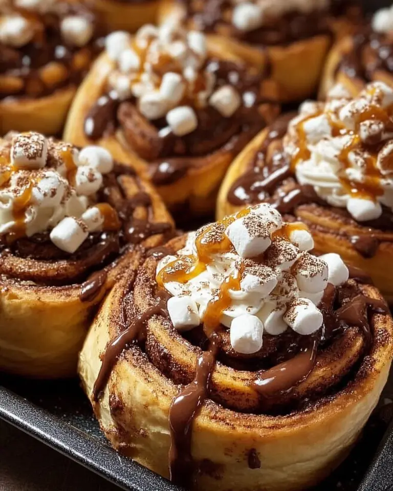 Freshly baked hot cocoa cinnamon rolls topped with chocolate and cinnamon glaze.
