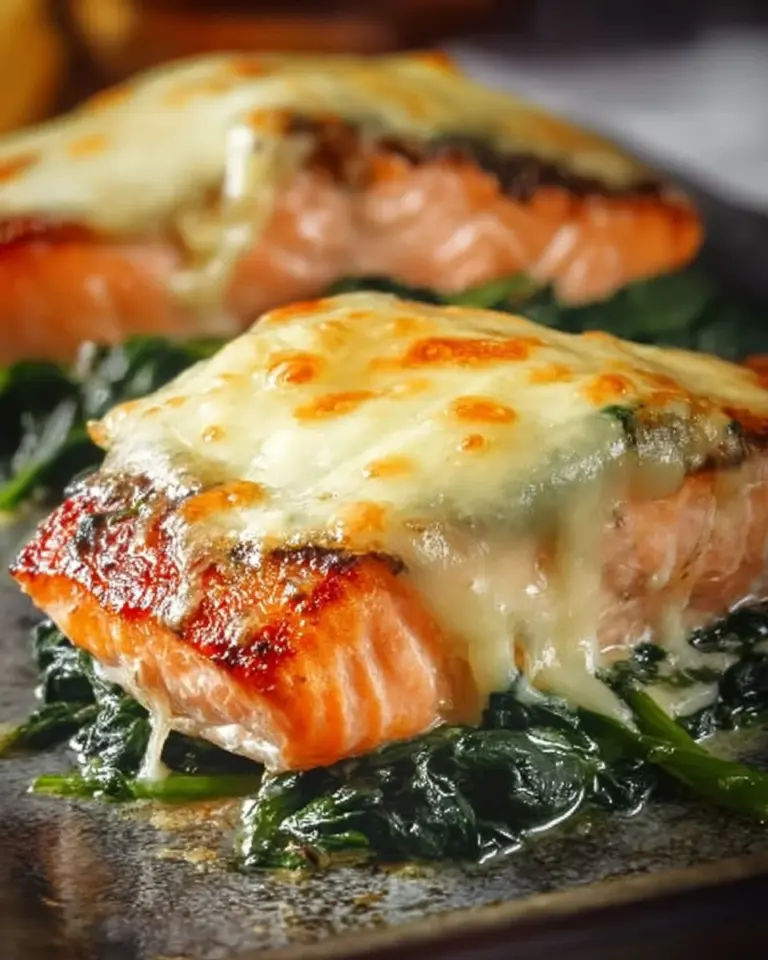 Delicious baked salmon topped with spinach and mozzarella cheese