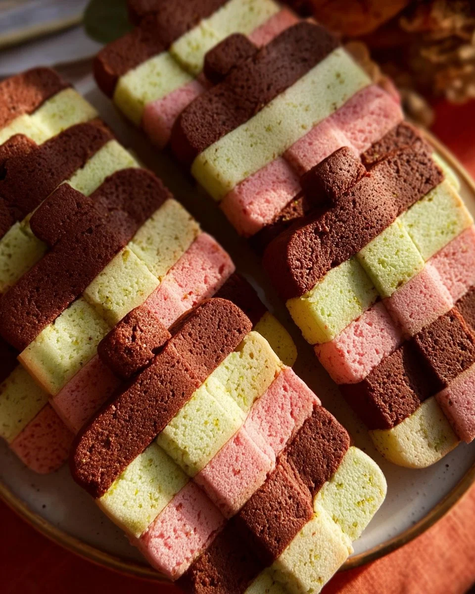 Plate of colorful Italian Spumoni Cookies with chocolate, pistachio, and cherry.