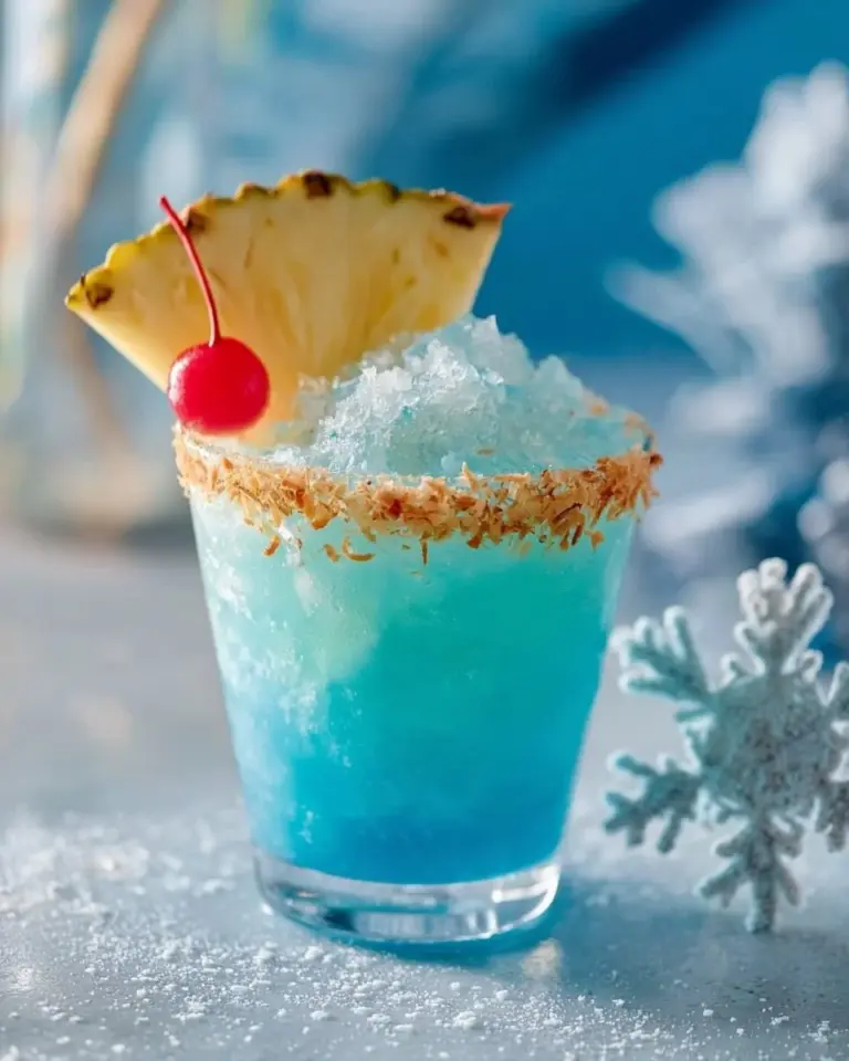 Jack Frost cocktail in a glass garnished with mint and a slice of lemon.