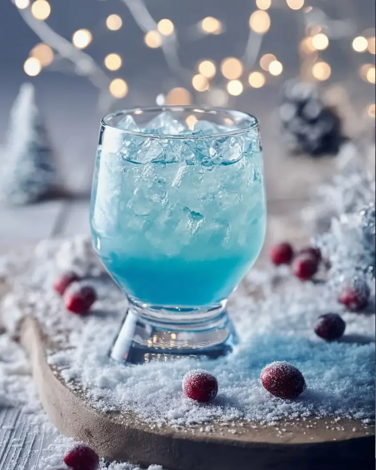 Jack Frost Winter Mocktail in a glass with winter-themed decorations.