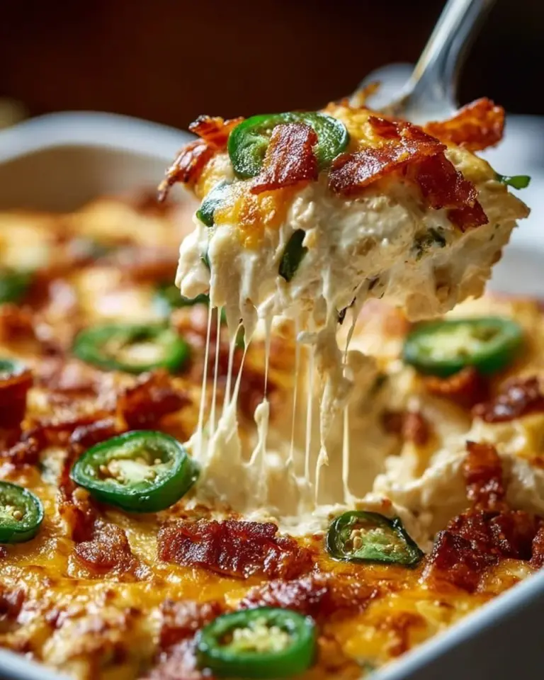 Delicious Jalapeño Popper Chicken Casserole topped with cheese and jalapeños