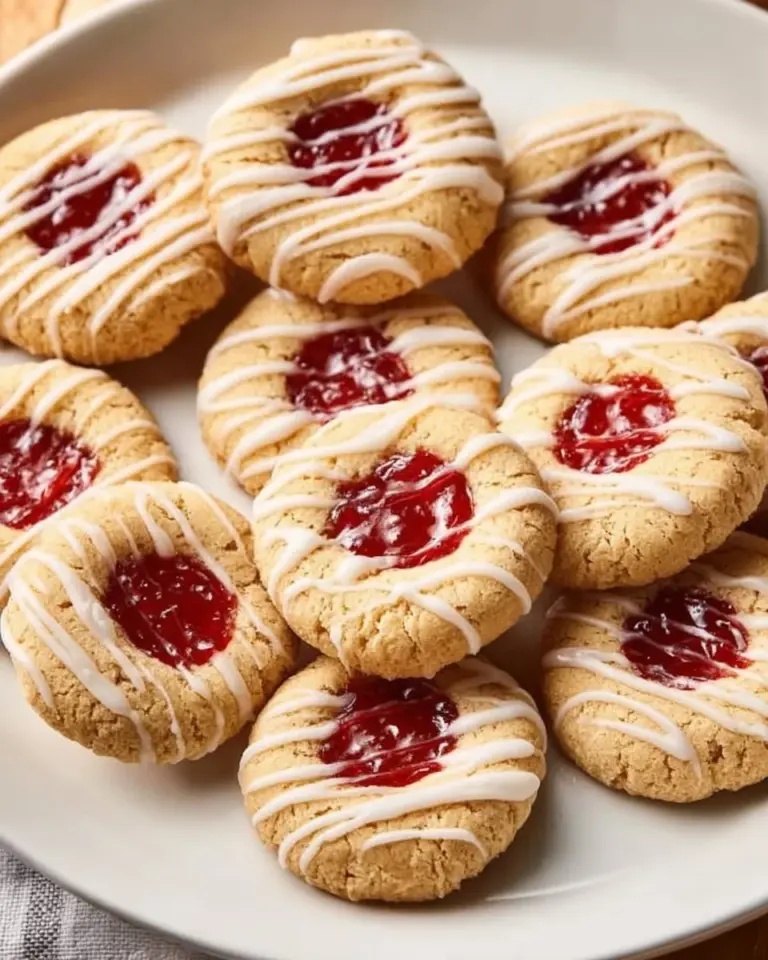Delicious jam thumbprint cookies with vibrant fruit filling on a cookie tray.