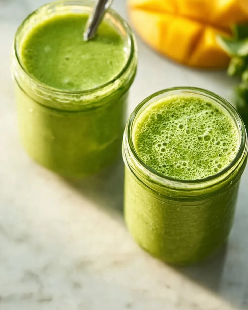 Delicious Kale Mango Smoothie in a glass with fresh ingredients