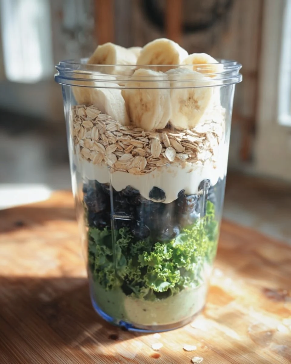 Kale, oat, and blueberry smoothie in a glass, garnished with fresh blueberries.