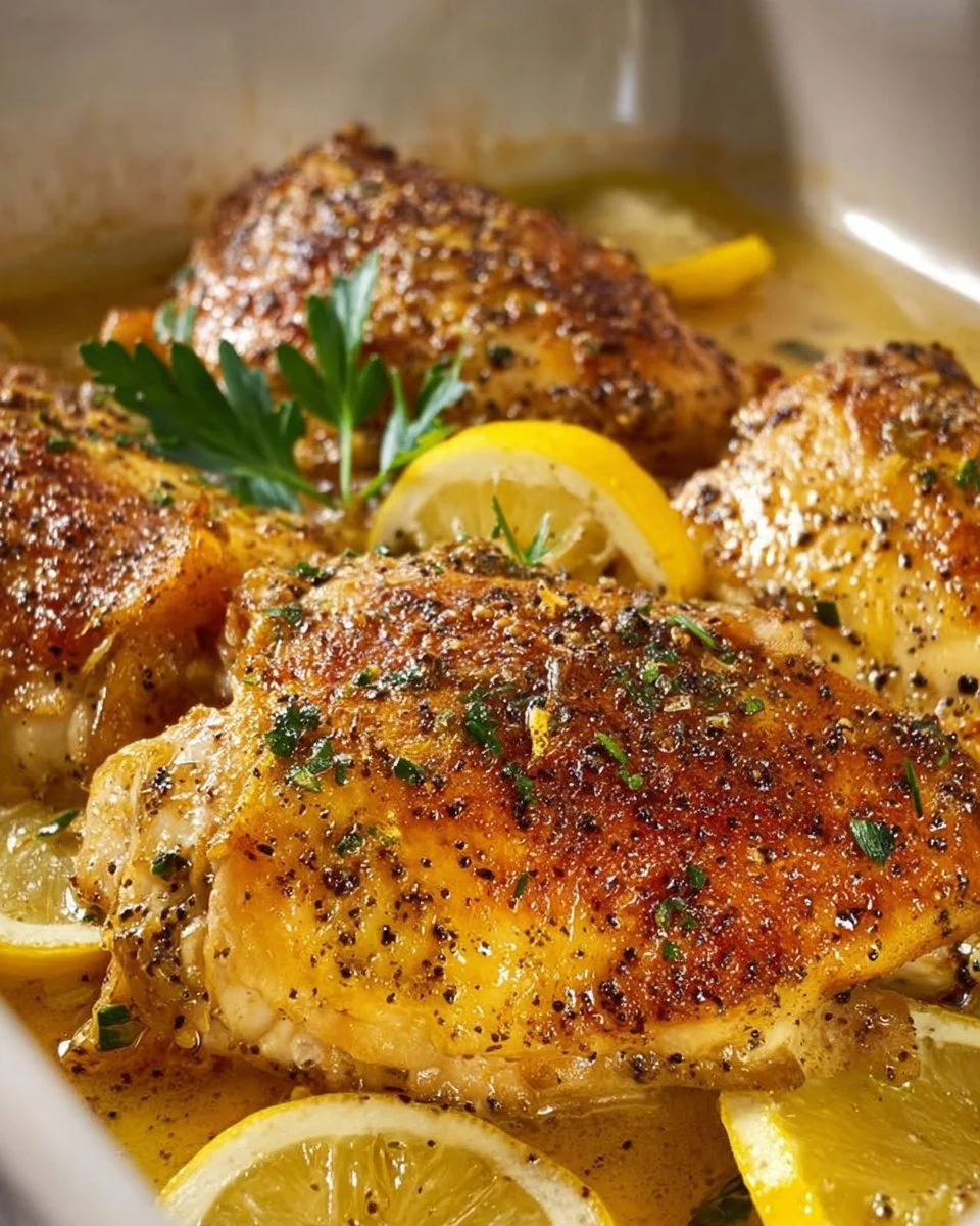 Delicious lemon pepper chicken breast served with fresh herbs and lemon slices.