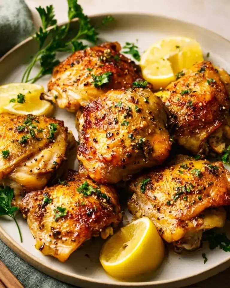 Lemon Pepper Chicken Thighs served with herbs and lemon slices