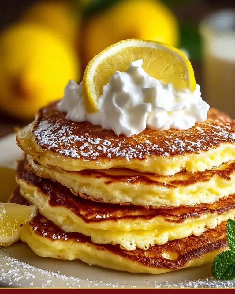 Delicious lemon ricotta pancakes topped with fresh fruit and syrup