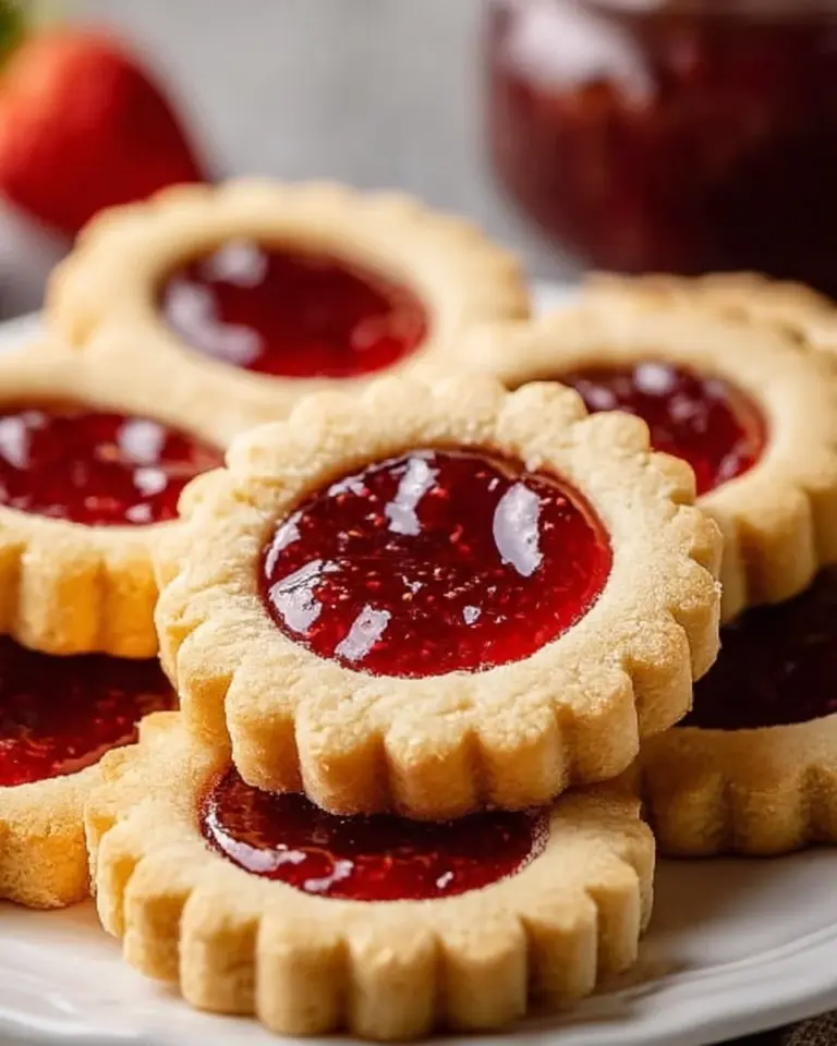 A plate of homemade Linzer Cookies dusted with powdered sugar and filled with raspberry jam.