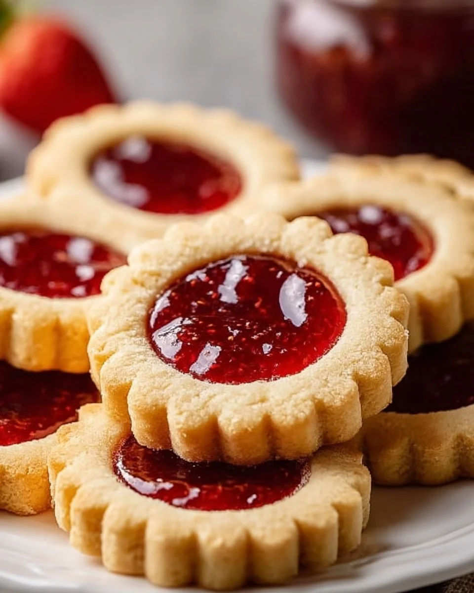 A plate of homemade Linzer Cookies dusted with powdered sugar and filled with raspberry jam.