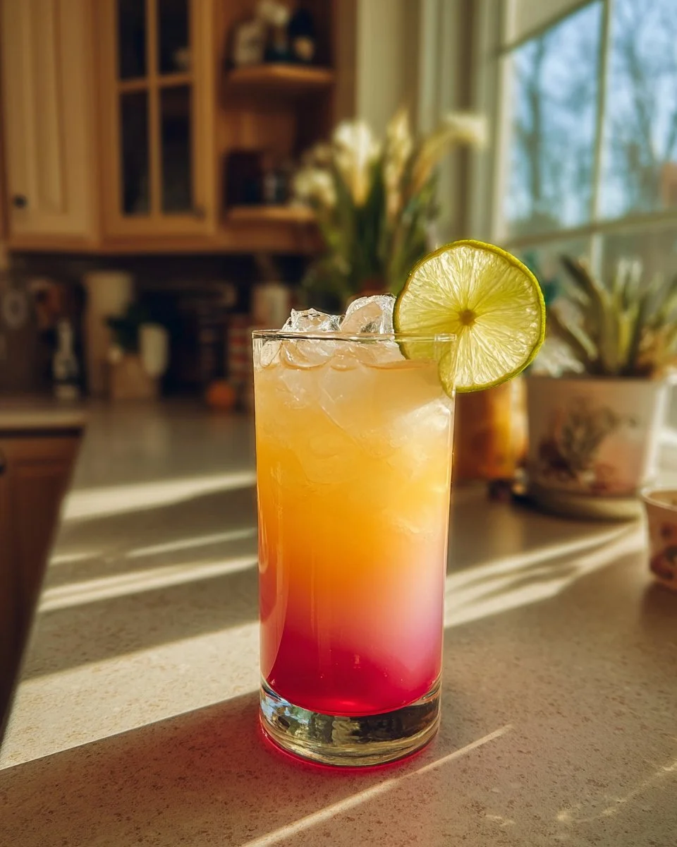 Malibu Bay Breeze cocktail with coconut, pineapple, and cranberry garnished with fruit