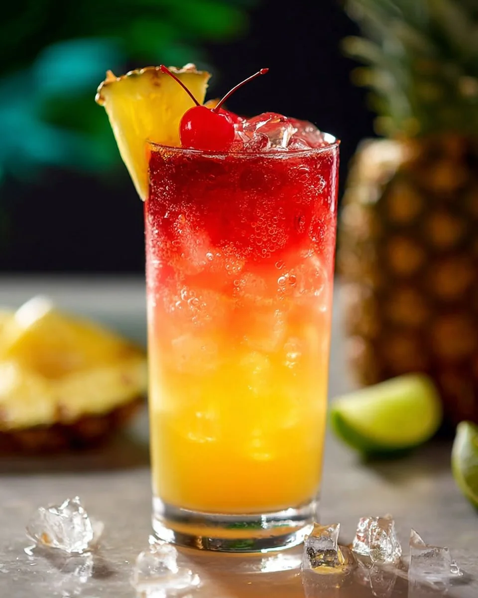 Malibu Bay Breeze cocktail garnished with fresh fruit on a tropical background