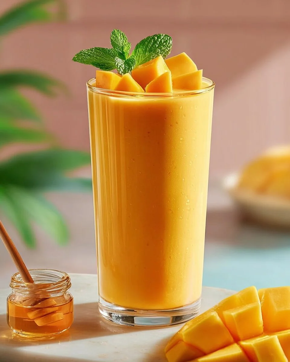 Delicious Mango Lassi in a glass with mango pieces on the side