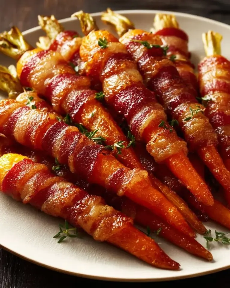 Maple bacon carrots glistening with syrup and crispy bacon bits.