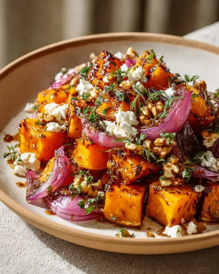 Maple roasted pumpkin slices garnished with herbs and drizzled with syrup