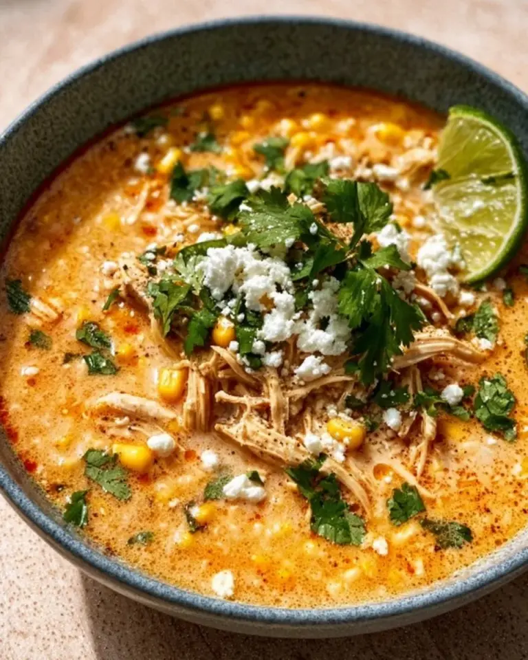 Bowl of creamy Mexican street corn soup topped with cheese and cilantro
