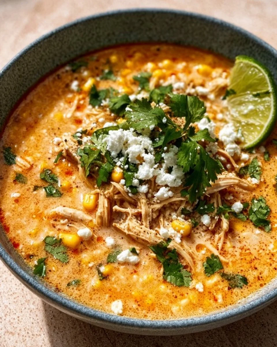 Bowl of creamy Mexican street corn soup topped with cheese and cilantro