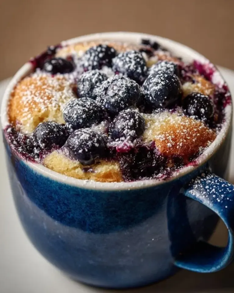 Delicious microwave blueberry mug cake topped with fresh blueberries