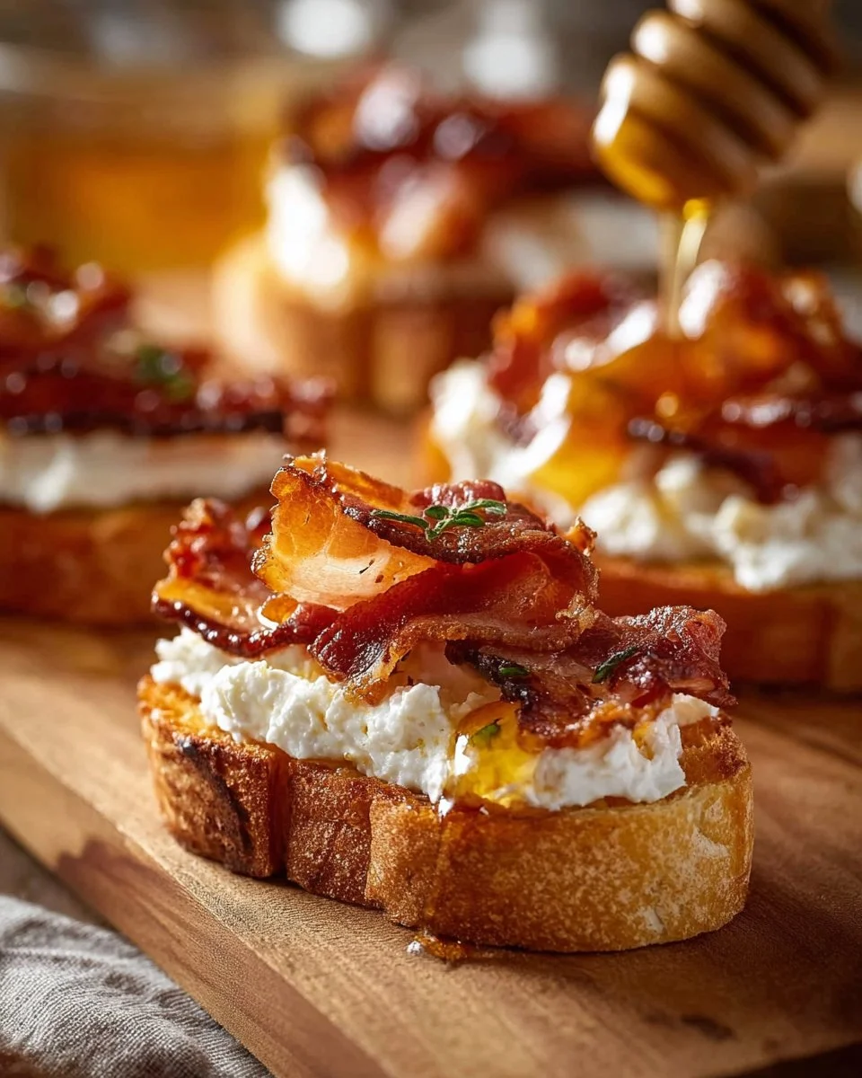 Delicious Million Dollar Bacon Crostinis topped with creamy goodness
