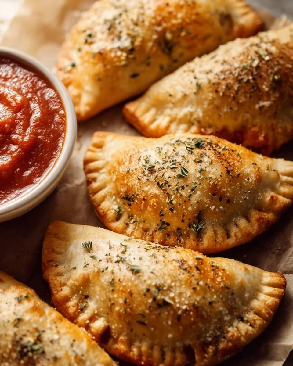 Mini pepperoni calzones fresh out of the oven, golden and delicious.