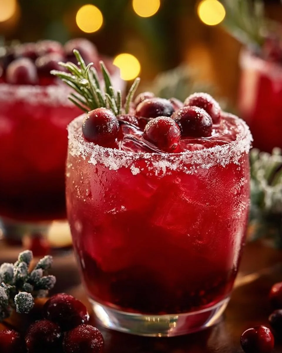 A festive Mistletoe Margarita cocktail topped with fresh cranberries and lime.