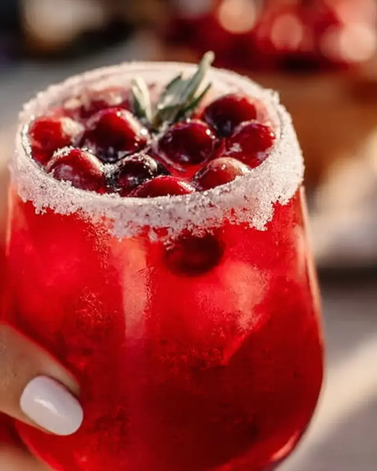 A refreshing Mistletoe Margarita cocktail with festive garnishes.