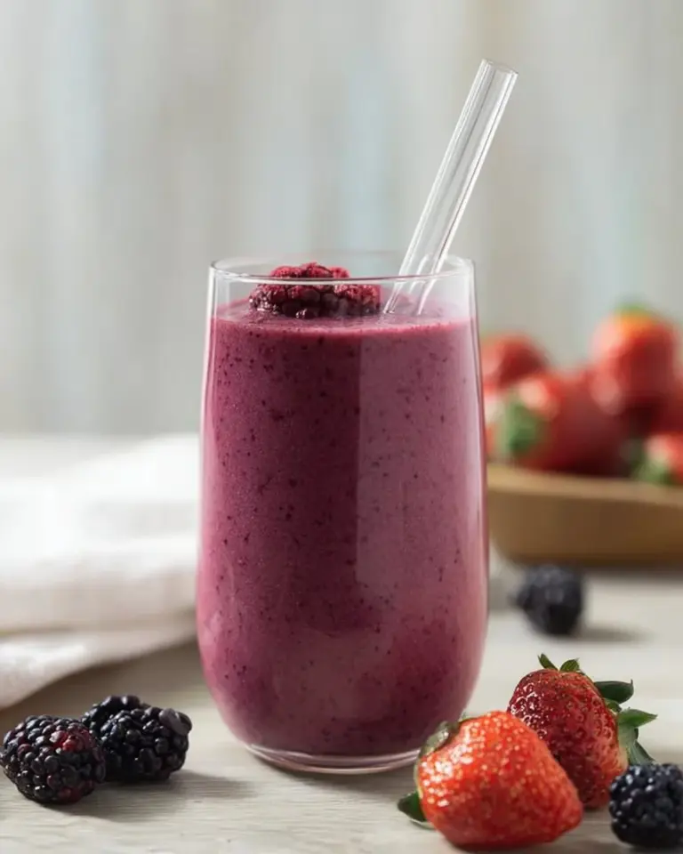 Delicious mixed berry smoothie in a glass with fresh berries on top